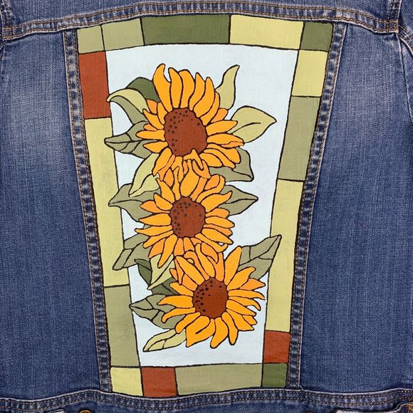 Sunflower Denim Jacket Hand Painted Country Girl Cottagecore Chic Autumn - Picture 3 of 13